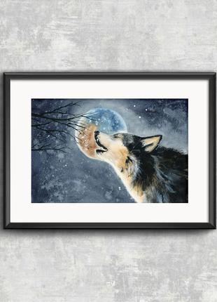 Акварель волк под луной и звездным небом6 фото