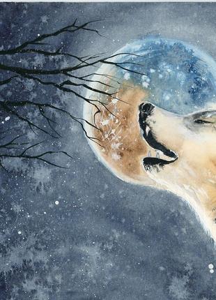 Акварель волк под луной и звездным небом3 фото