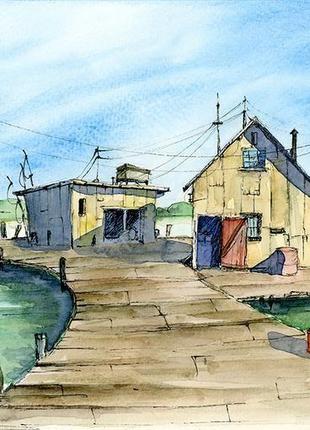Акварель летний домик на деревянном пирсе