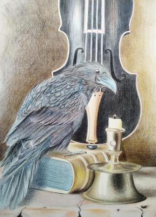 Акварельная иллюстрация ворон со скрипкой4 фото