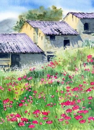Акварель літній пейзаж з сільськими будиночками і квітучим лугом1 фото