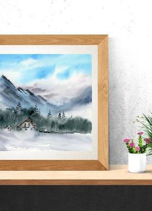 Акварель зимовий пейзаж з горами5 фото