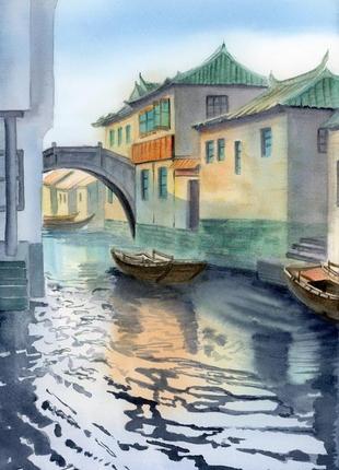 Акварель китайский город на реке