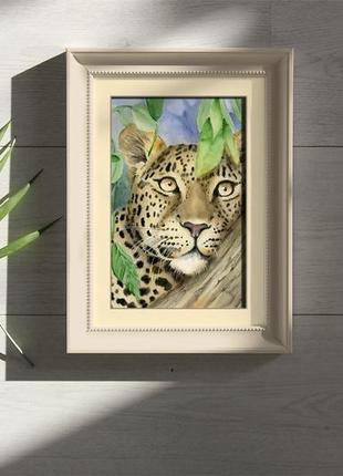 Акварель леопард у зеленому листі5 фото