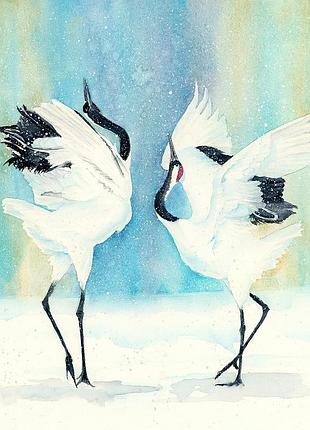 Акварель японские журавли