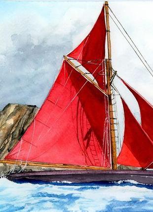 Акварель яхта з червоними вітрилами на фоні маяка