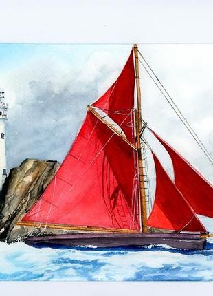 Акварель яхта с красными парусами на фоне маяка2 фото