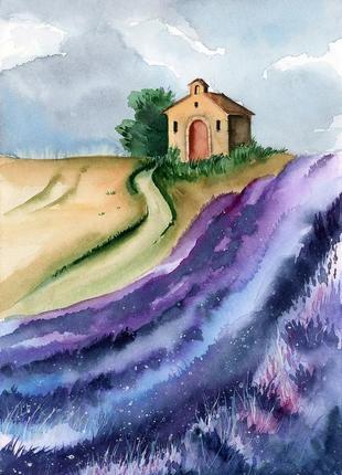 Акварель домик на лавандовом поле