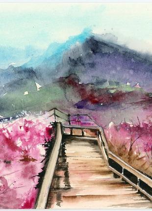 Акварель гірський краєвид з сакурою4 фото