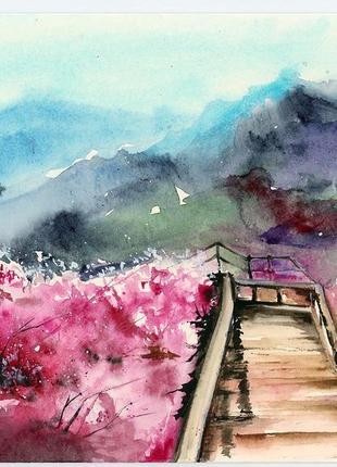 Акварель гірський краєвид з сакурою2 фото