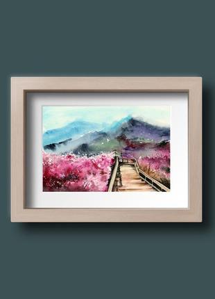 Акварель гірський краєвид з сакурою5 фото