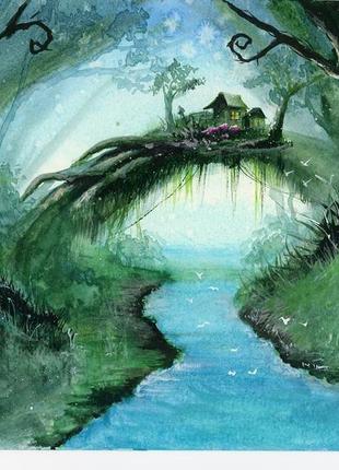 Акварель волшебный лес с мостиком через ручей2 фото