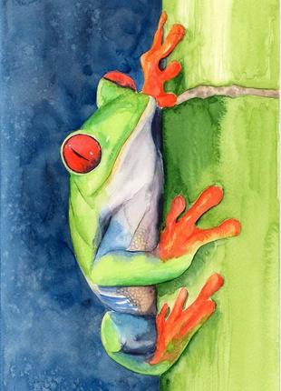 Акварель зелена жаба на бамбуку1 фото