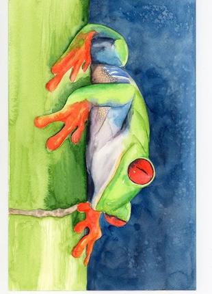 Акварель зелена жаба на бамбуку2 фото