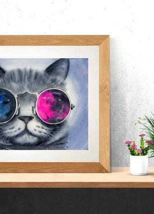 Акварель сірий кіт у космічних окулярах6 фото