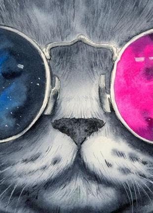 Акварель сірий кіт у космічних окулярах5 фото