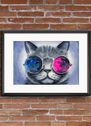Акварель сірий кіт у космічних окулярах7 фото