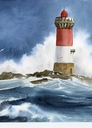 Акварель маяк в штормовом море2 фото
