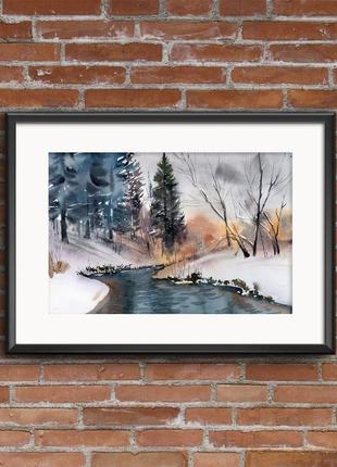 Акварель зимовий пейзаж з річкою5 фото