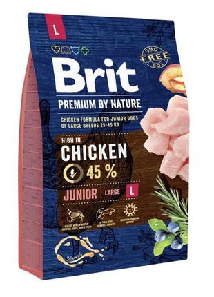 Сухой корм для щенков и молодых собак больших пород (весом от 25 до 45 кг) brit premium junior l 3 кг (курица)