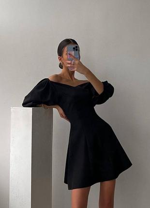Платье женское вечернее из костюмной ткани, рукава фонарики, короткая, клеш, бежевая и черная 💎1 фото