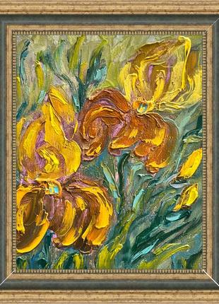 Картина с желтыми цветами на холсте в рамке ирисы3 фото