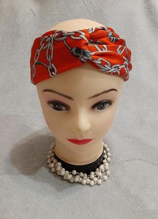 Стильна сатинова пов’язка на голову – чалма на гумці коралова one size