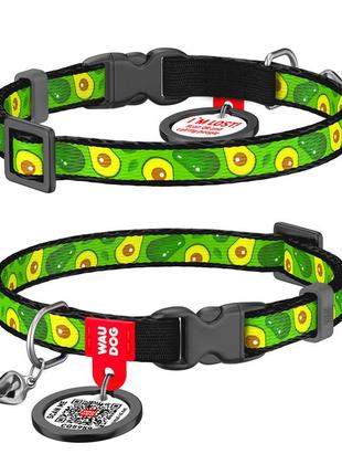 Ошейник для котов нейлоновый waudog nylon c qr паспортом, рисунок "авокадо", пластиковый фастекс, ш 10 мм, дл