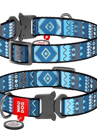 Ошейник для собак нейлоновый waudog nylon c qr паспортом, рисунок "этно синий", металлическая пряжка-фастекс, ш 25 мм, дл 33-49 см