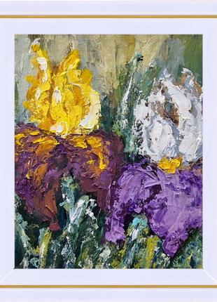 Картина ирисы яркие цветы масляными красками в рамке2 фото
