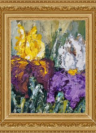 Картина ирисы яркие цветы масляными красками в рамке5 фото