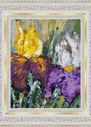 Картина ирисы яркие цветы масляными красками в рамке6 фото