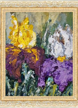 Картина ирисы яркие цветы масляными красками в рамке7 фото