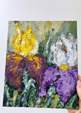 Картина ирисы яркие цветы масляными красками в рамке10 фото