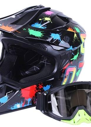 Шолом мотоциклетний кросовий md-911 virtue (чорний із кольоровою графікою, size s) з окулярами