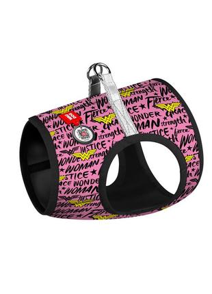 Шлея для собак мягкая waudog clothes c qr паспортом, рисунок "чудо-женщина в розовом", s1, в 40-45 см, с 29-31