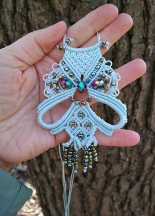 Сова голубая кулон микромакраме