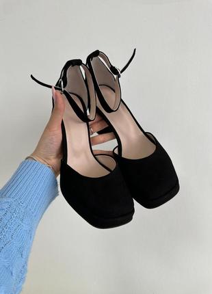 Черные  земшевые туфли на каблуке,нат .замша3 фото