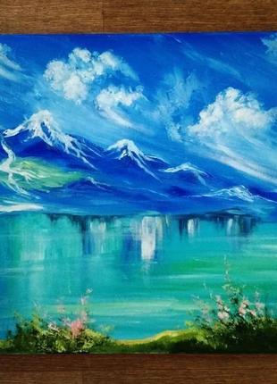 Картина озеро в горах, олія, полотно