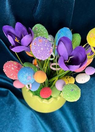 Великодня композиція в керамічному кашпо. весняний декор.3 фото