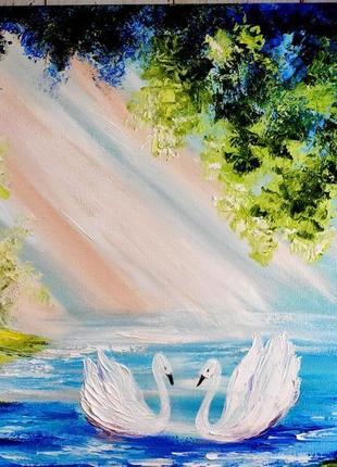 Картина лебеді, озеро, олія, полотно2 фото