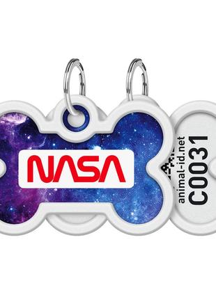 Адресник для собак и котов металлический waudog smart id c qr паспортом, рисунок "nasa21", кость, д 40 мм, ш 28 мм