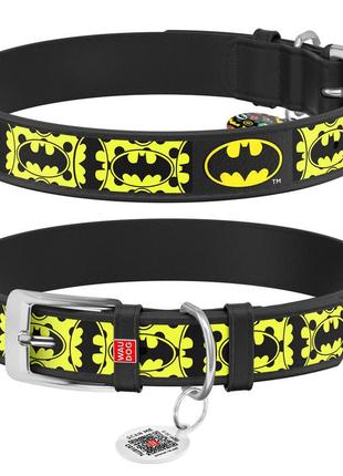 Ошейник для собак кожаный waudog design с qr паспортом, рисунок "бэтмен4", ш 25 мм, дл 38-49 см, черный