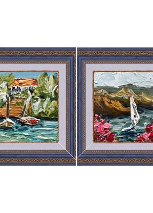 Картина греція корфу диптих морський пейзаж берег вітрильник яхта