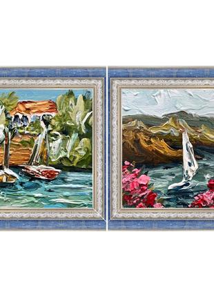 Картина греція корфу диптих морський пейзаж берег вітрильник яхта3 фото