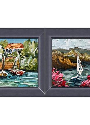 Набор картин диптих корфу греция морской пейзаж побережье парусник яхта4 фото
