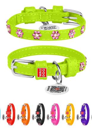 Ошейник для собак кожаный waudog glamour с qr паспортом, с клеевыми стразами "цветочек", ш 9 мм, дл 18-21 см
