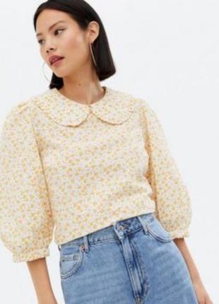 Блуза блузка принт цветы широкий рукав свободный винтаж воротник