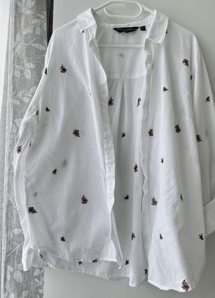 Невероятная льняная, белоснежная рубашка, рубашка лен, вышивка, вышитые цветы лотон оверсайз, удлиненная 💐1 фото