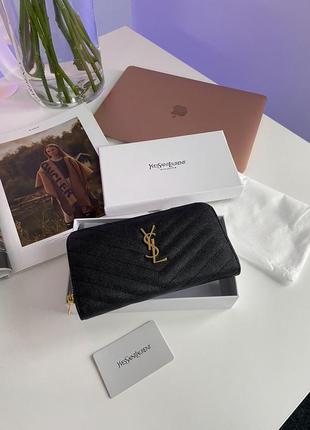 Гаманець premium ysl plain leather long wallet black/gold